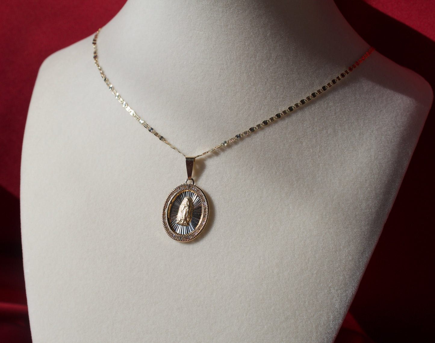 14K Gold oval shaped studded virgencita pendant