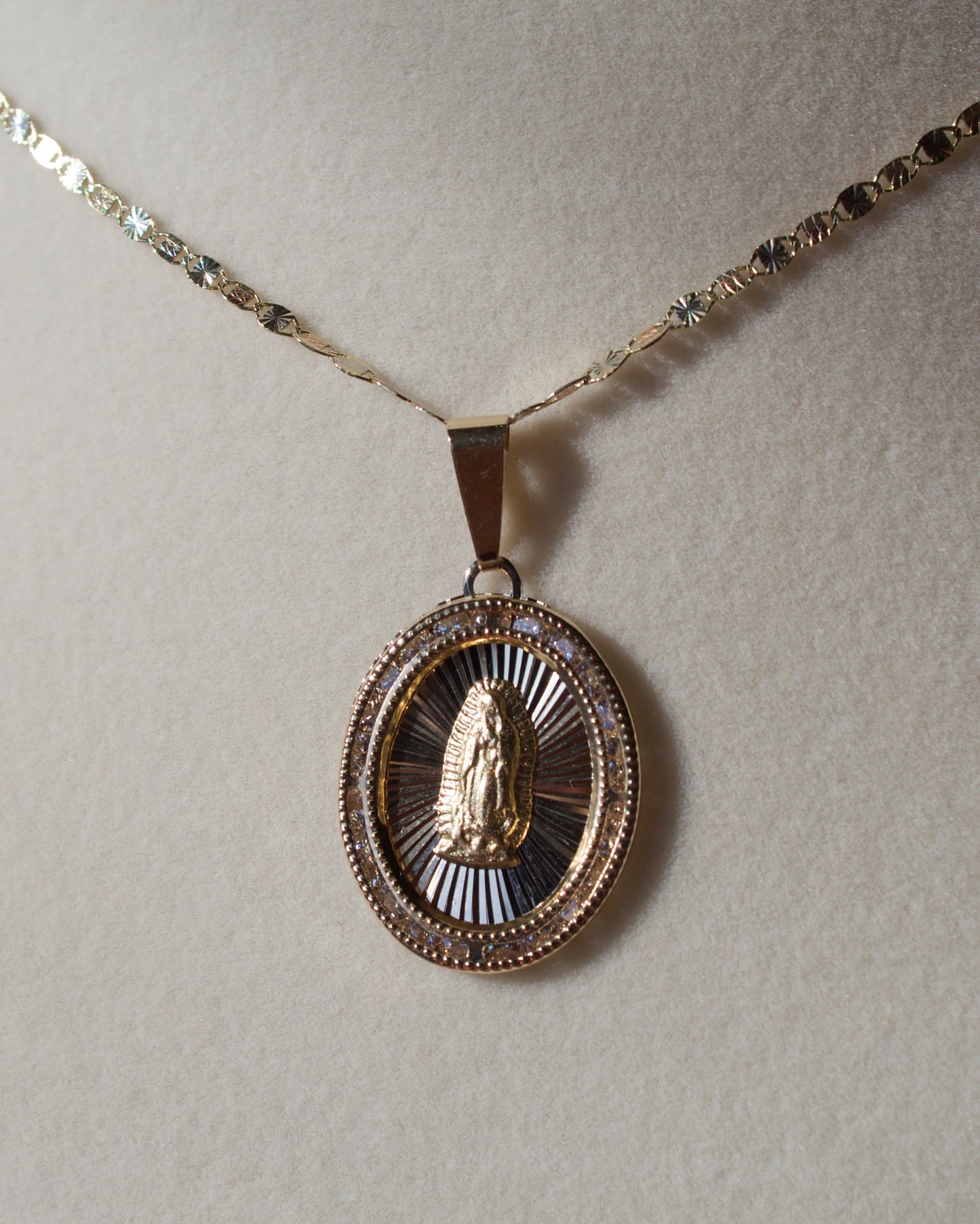 14K Gold oval shaped studded virgencita pendant