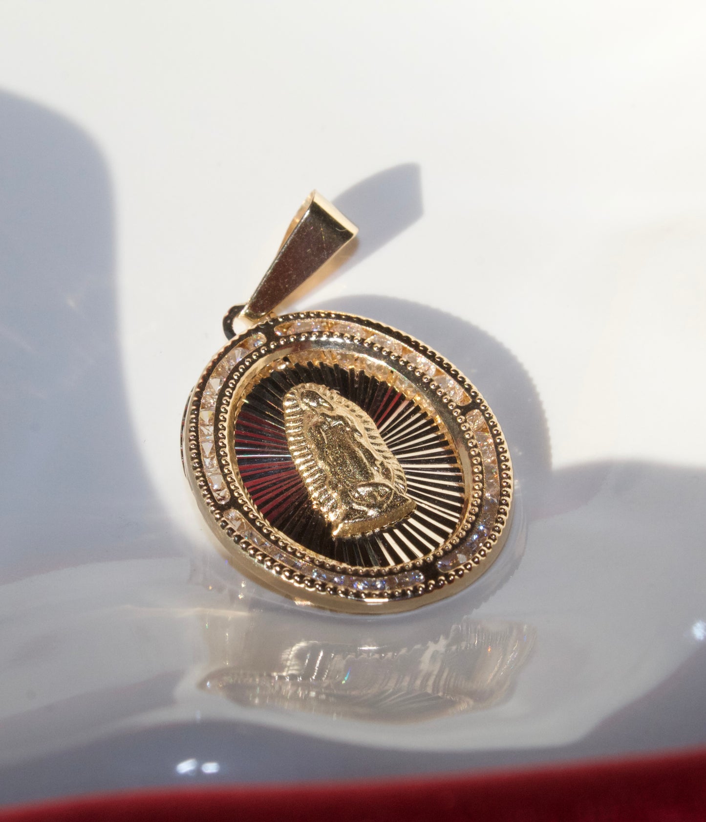 14K Gold oval shaped studded virgencita pendant