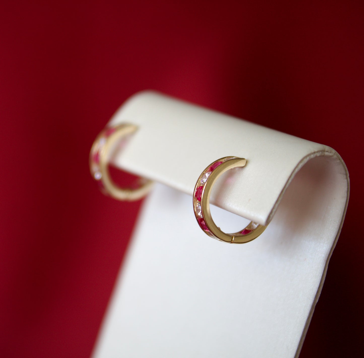 14K Gold pink and white CZ stoned huggie earrings