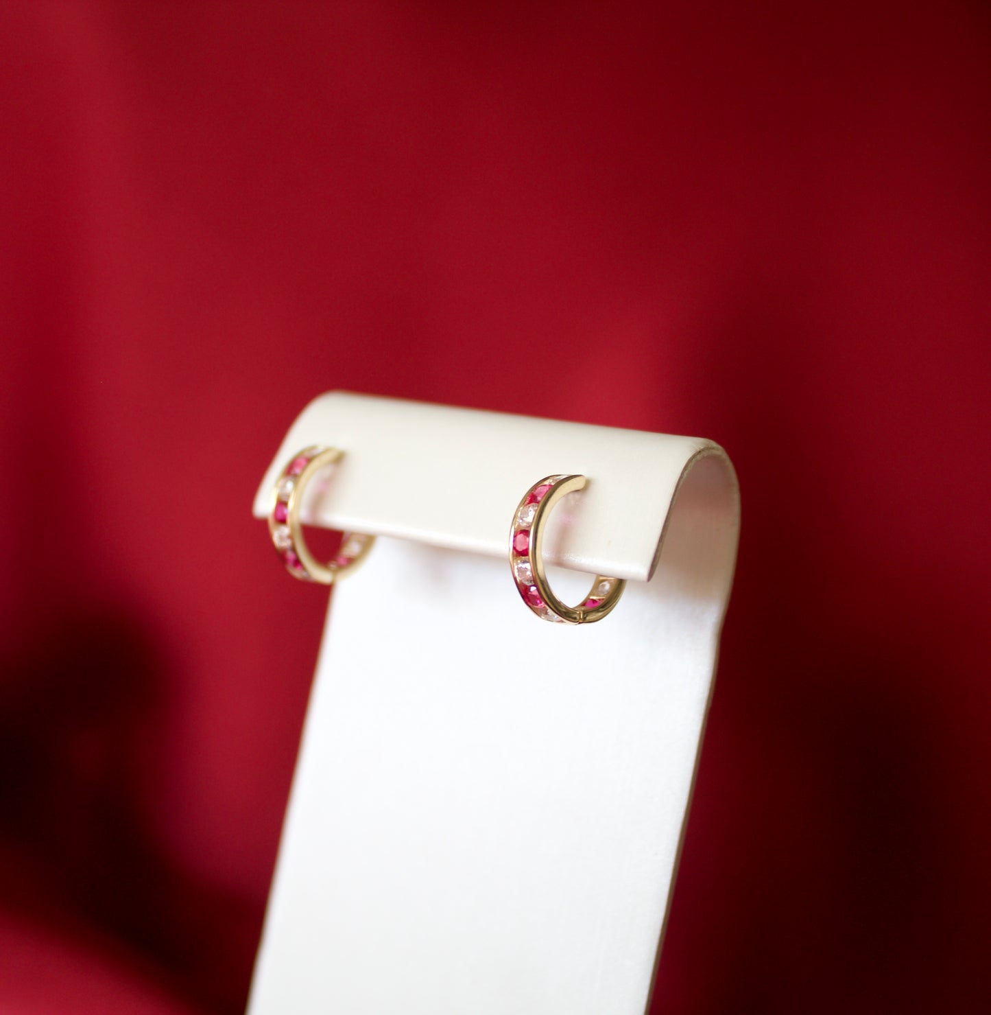 14K Gold pink and white CZ stoned huggie earrings