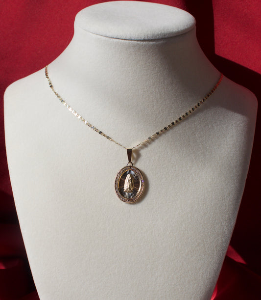 14K Gold oval shaped studded virgencita pendant