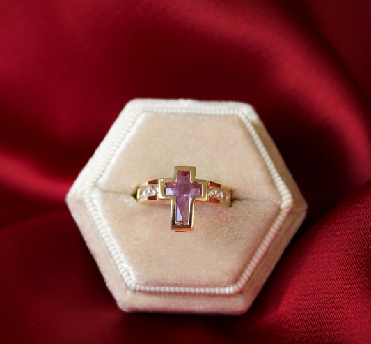 14K Gold purple stoned cross ring size 7