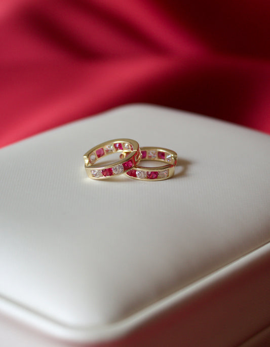 14K Gold pink and white CZ stoned huggie earrings
